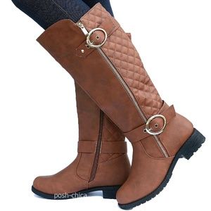 Tan Quilt Slightly Wide Calf Knee High Riding Boot